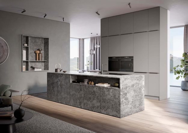 Graue Designküche von Häcker mit Kochinsel in Steinoptik optik erhältlich bei Das Küchenstudio