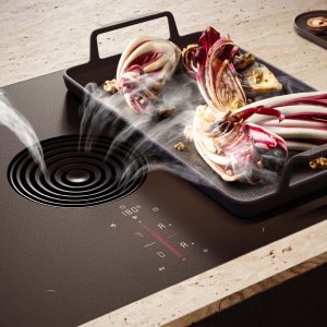 Muldenlüfter von BORA zieht Dampf ein von Essen in Zubereitung